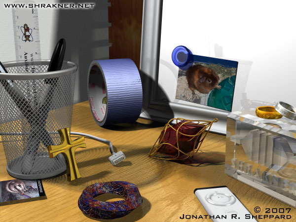 A realistic desk scene rendered in digital 3D.