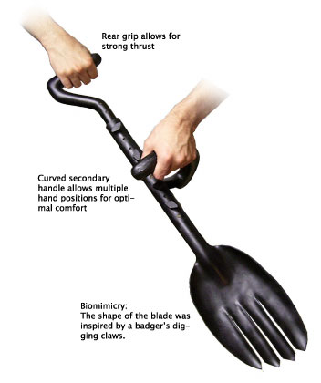 A unique, mid-length shovel utilizing a four-pronged digging blade and a curved secondary handle.
