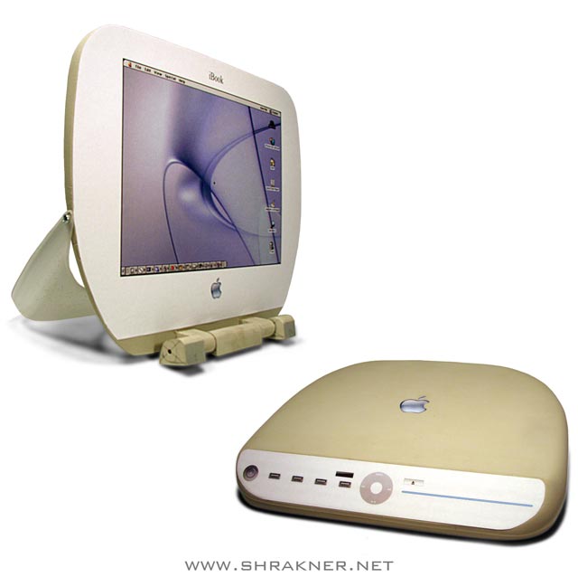 Two images of the clamshell iBook redesign- one, an external display for another computer, the other a multimedia center.