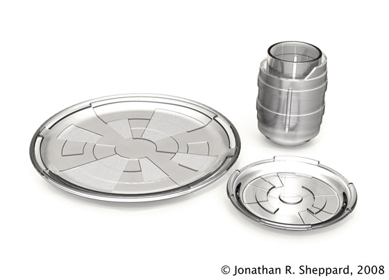 A futuristic place setting consisting of a cup, plate, and saucer made from clear glass.